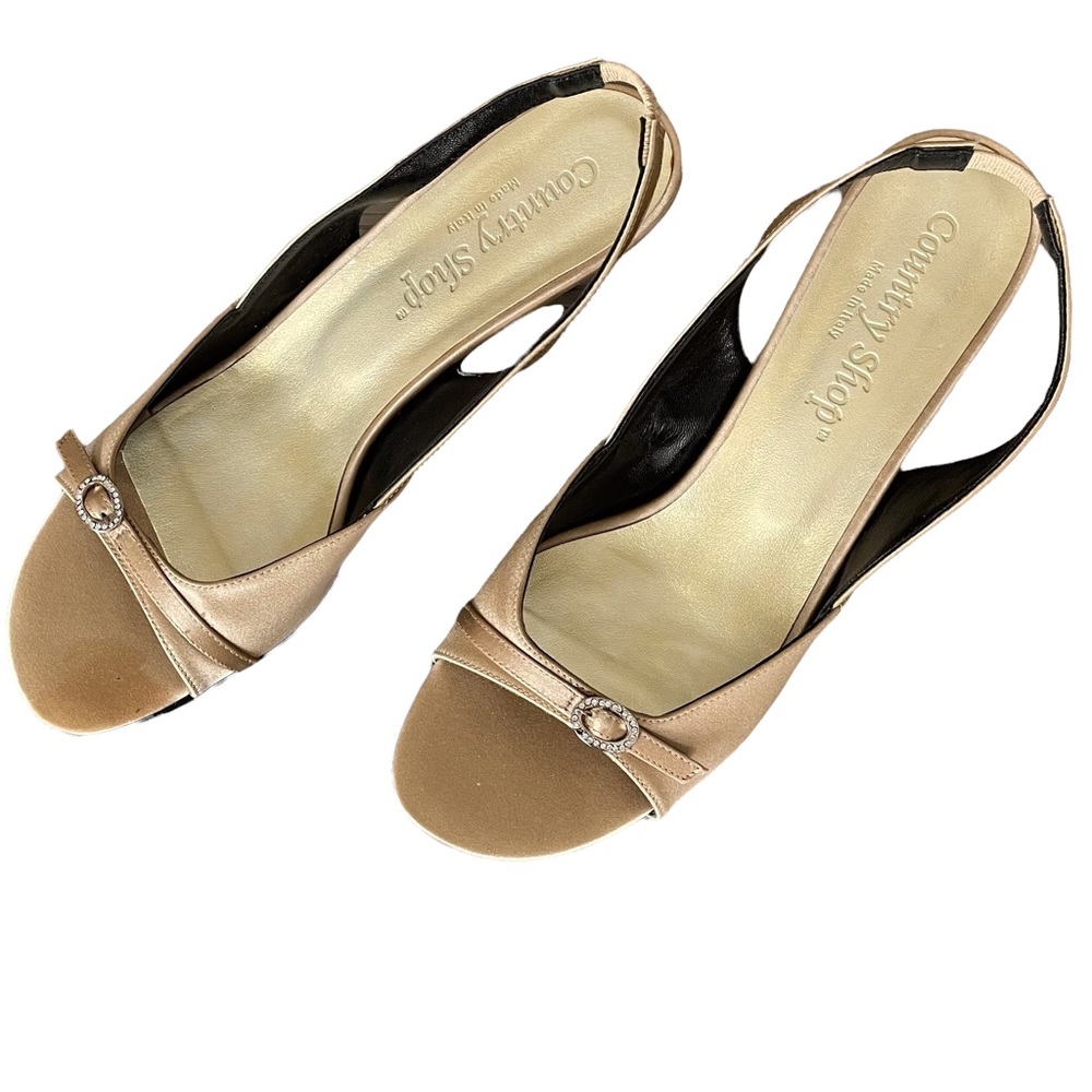 Sling back fancy gold open toe heels with sparkle decoration in front Sz 8.5.